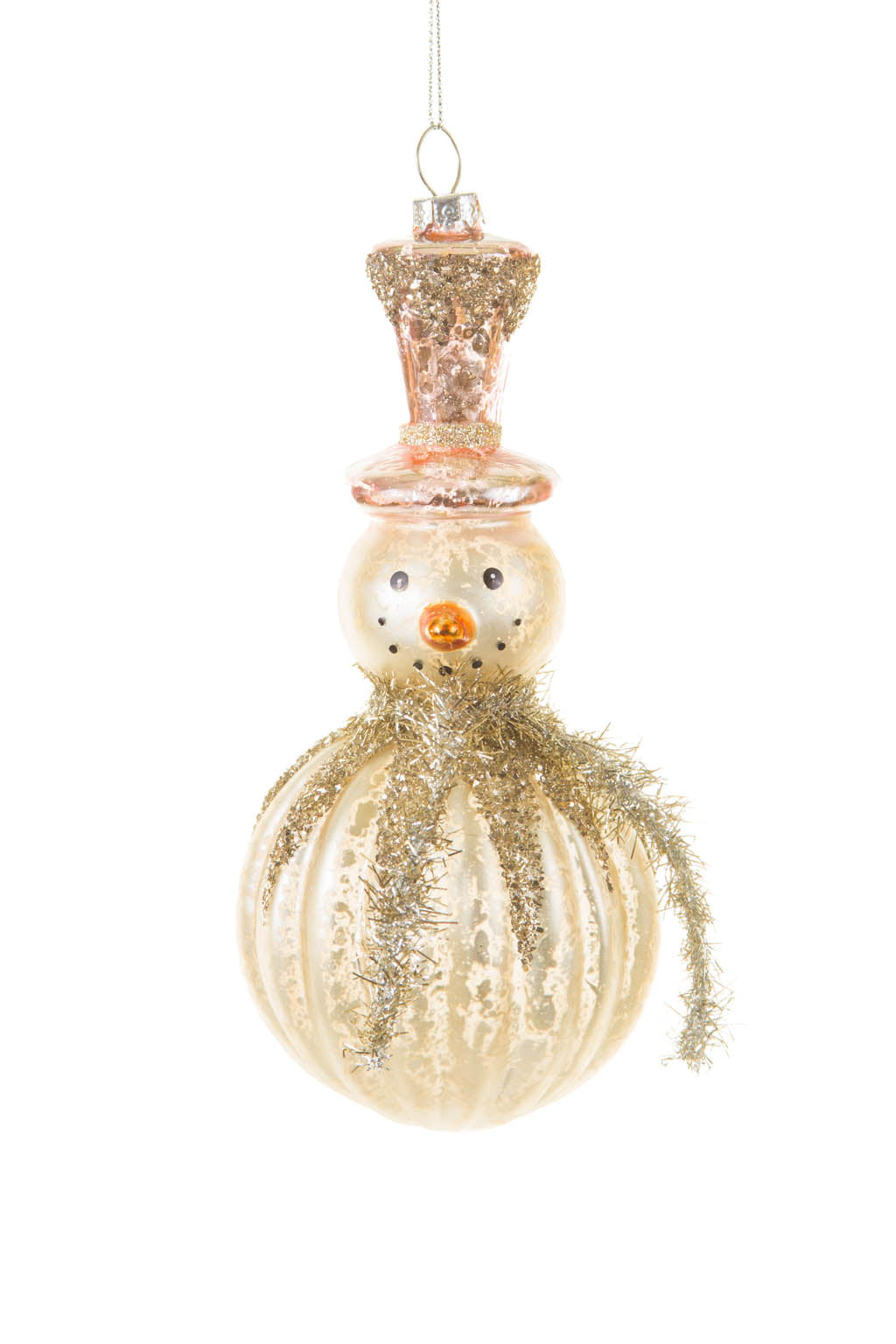 7.5" Hanging Splotched Gold and Silver Glass Snowman Ornament with Rose-Gold Top Hat