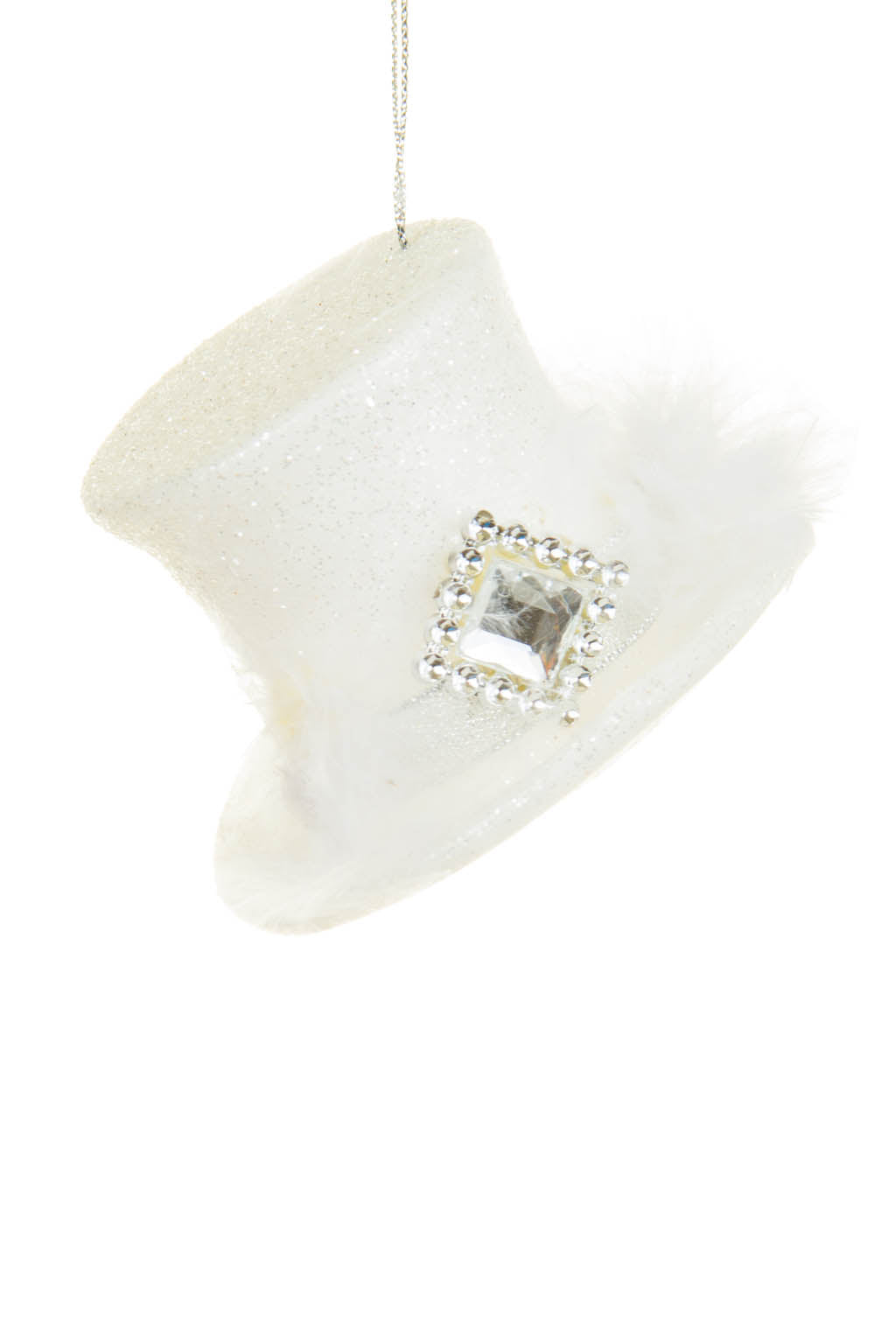 3"Hangable White Plastic Top Hat Ornament with Diamond Accent