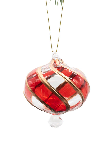 4" Hanging Red and Clear Glass Spiral Finial Ornament with Copper Trim