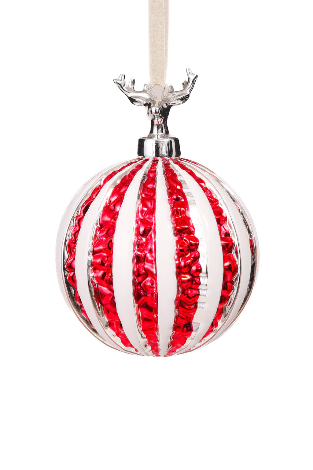 4.3" Hanging Candycane Red and White Glass Ball Ornament with Deer Head Mount