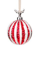 4.3" Hanging Candycane Red and White Glass Ball Ornament with Deer Head Mount