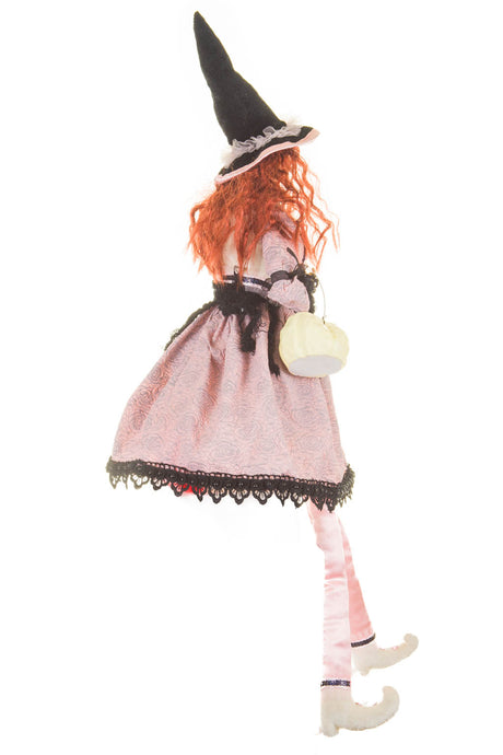 26" Sitting Baby Pink and Black Cloth Captivating Witch Figure with White Pumpkin