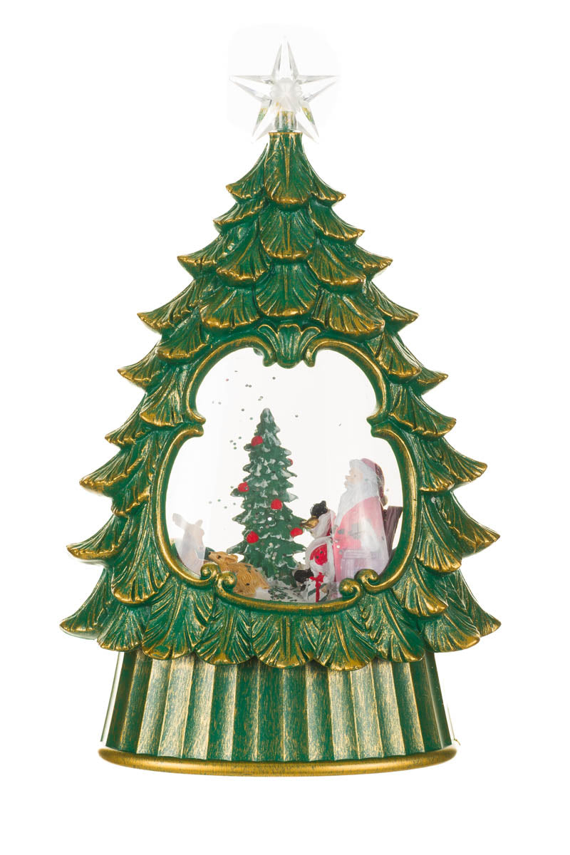 10.5" Green Plastic Star Topped Tree Warm White LED Snow Globe with Cozy Santa and Deer Family