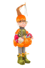 17" Orange and Green Cloth Elf Boy Doll with Pumpkin Hat