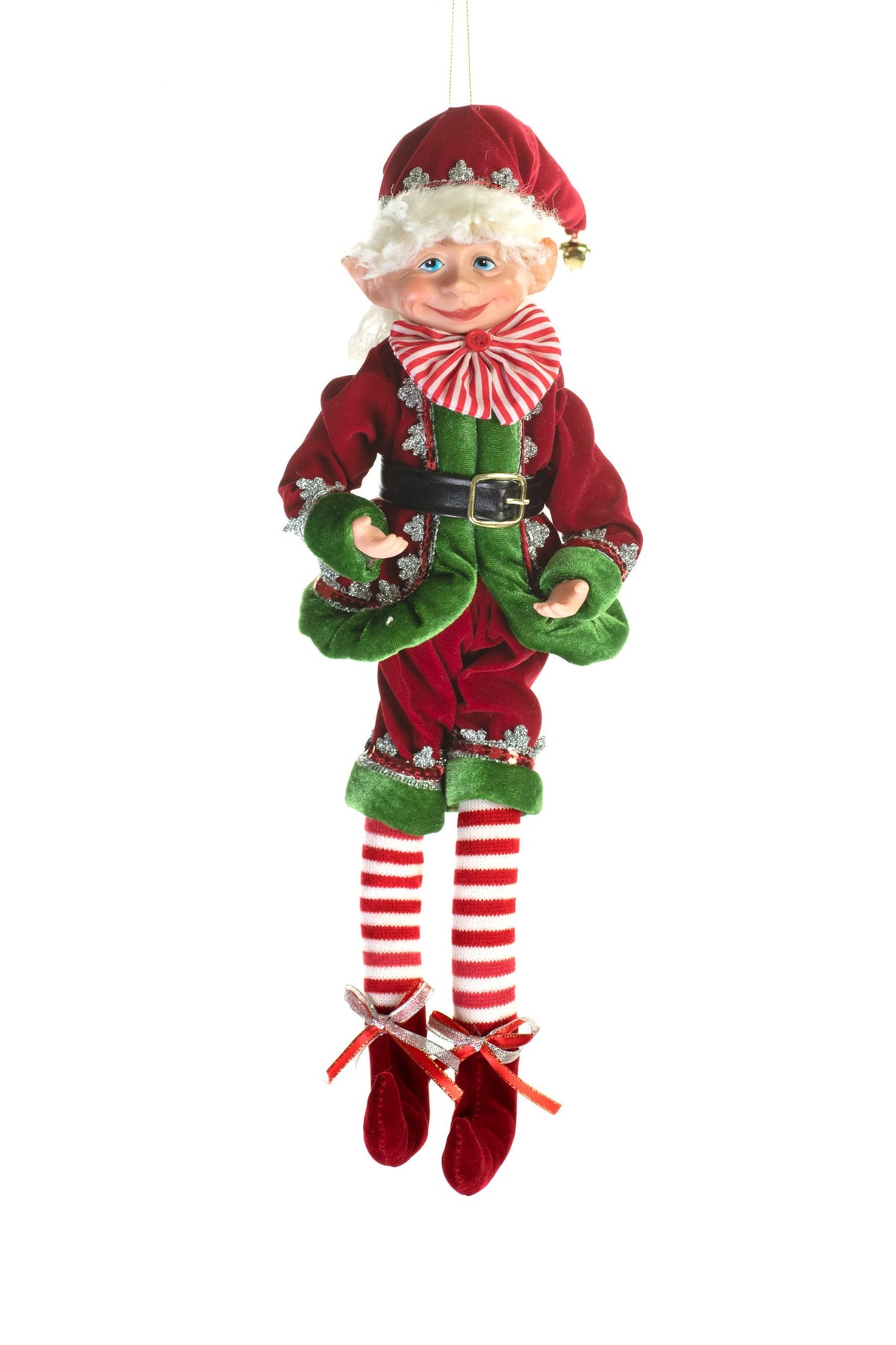 19" Red and Green Cloth Fancy Elf Figurine with Posable Hat