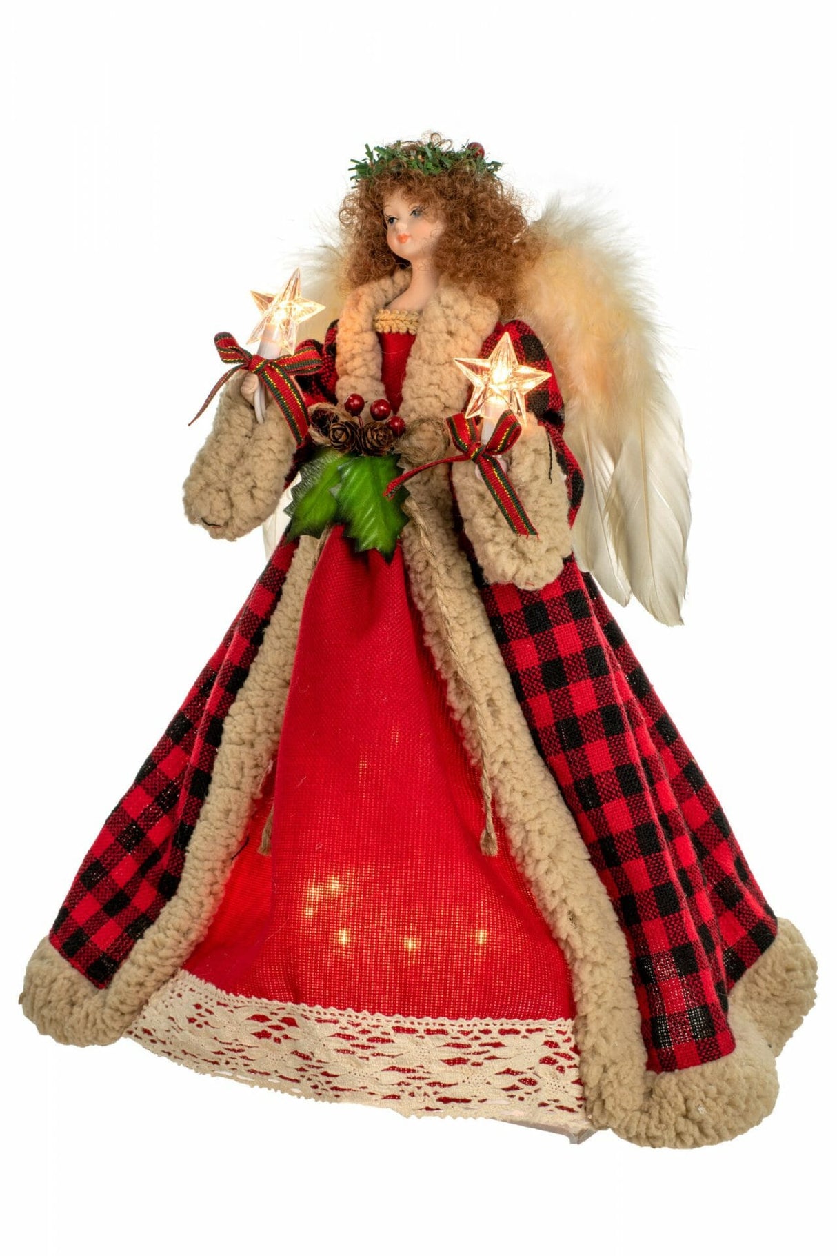 14" Red and Black Cloth Brown Hair 10-Light Angel Tree Topper with Laurel Wreath