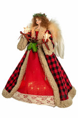 14" Red and Black Cloth Brown Hair 10-Light Angel Tree Topper with Laurel Wreath