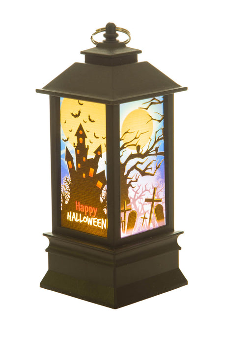7.5" Hangable Black Plastic Spooky LED Lantern with Graveyard