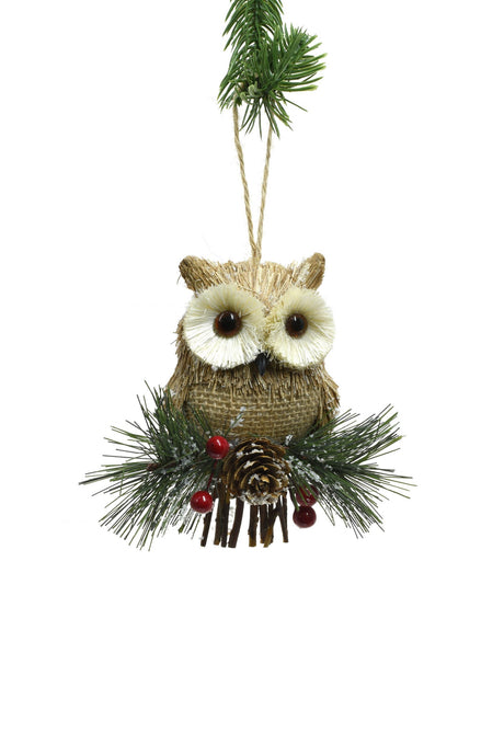5.5" Hanging Brown Straw Perched Owl Ornament On Pine Sprig