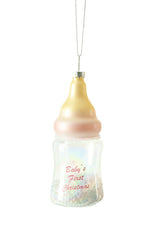 4.75" Hanging Pink Glass Baby Bottle Ornament with "Baby's First Christmas "