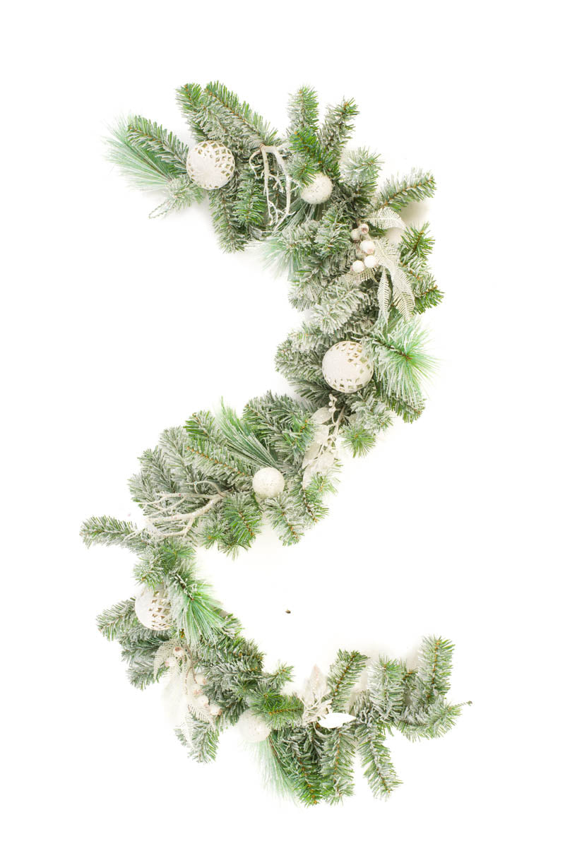 72" Hangable Flocked White Plastic Fir and Pine Garland with Harlequin Bulbs