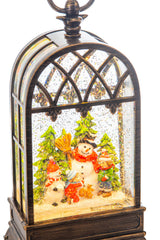 11" Brass Plastic Birdcage Warm White LED Snow Globe with Snowman and Swirling Glitter