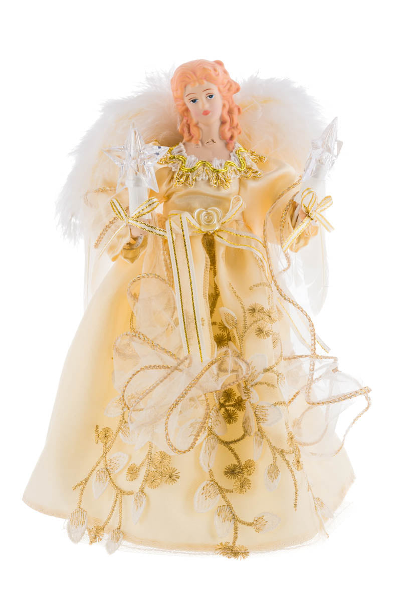 9.5" Ivory and Gold Fabric 10-Light Angel Tree Topper with Feathered Wings