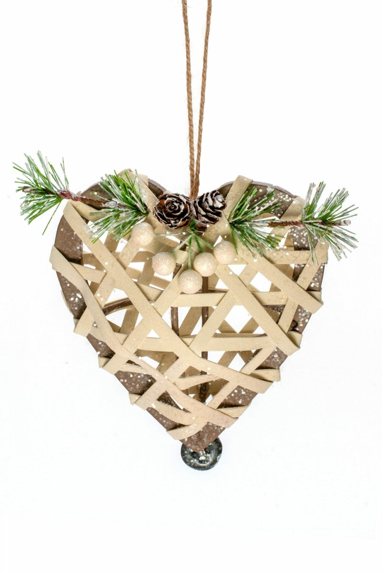 7" Hanging Cream Rattan Lace Heart Ornament with Bell