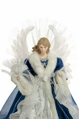 18" Blue and White Cloth Large Modern Fiber Optic Angel Tree Topper with Fur Coat