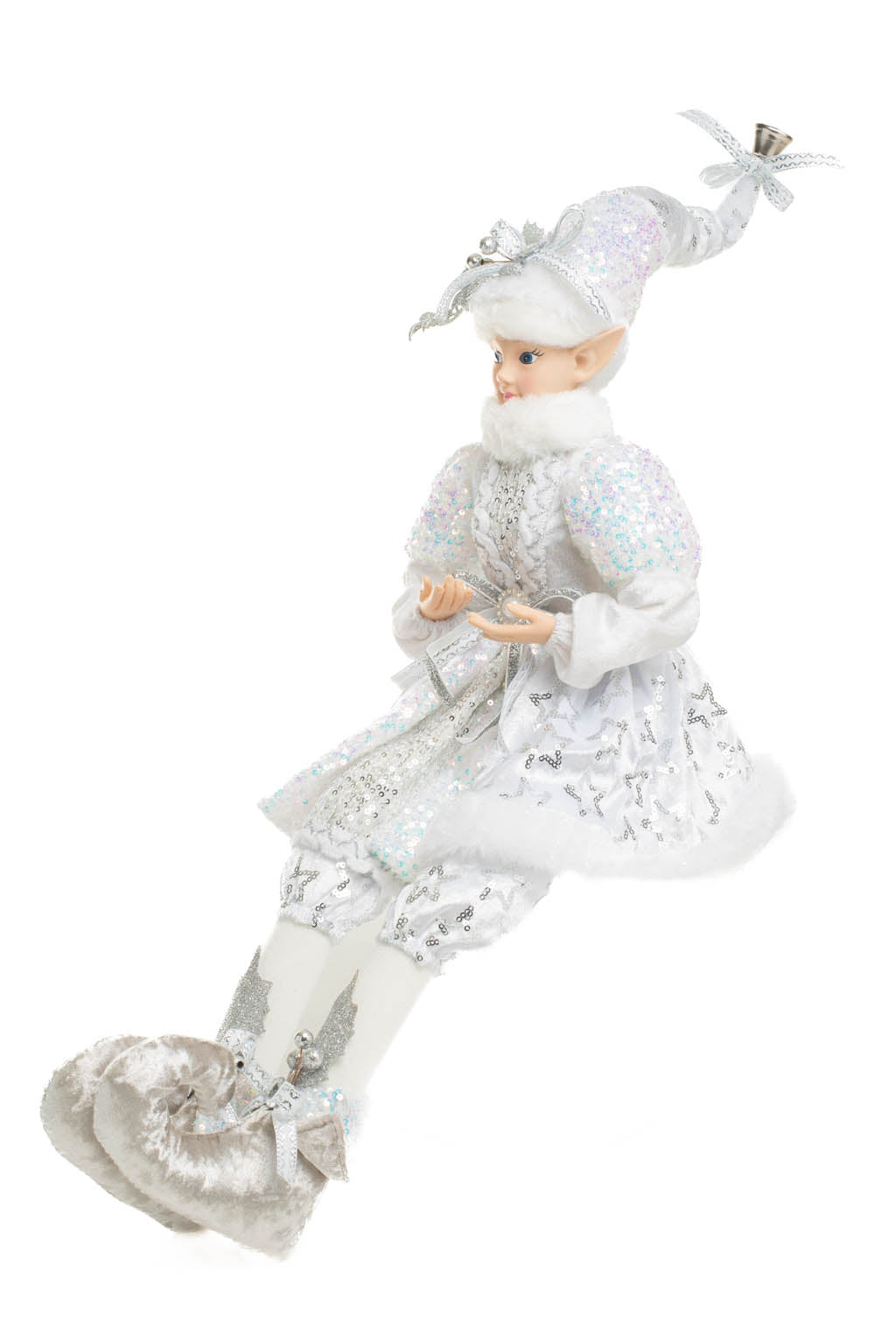 24" Sitting Sequin Platinum Polyester Smug Elf Doll with Star Coat