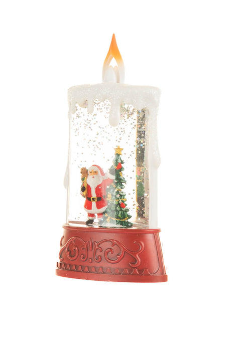 14.5" Red and White Plastic Candle Warm White LED Snow Globe with Santa