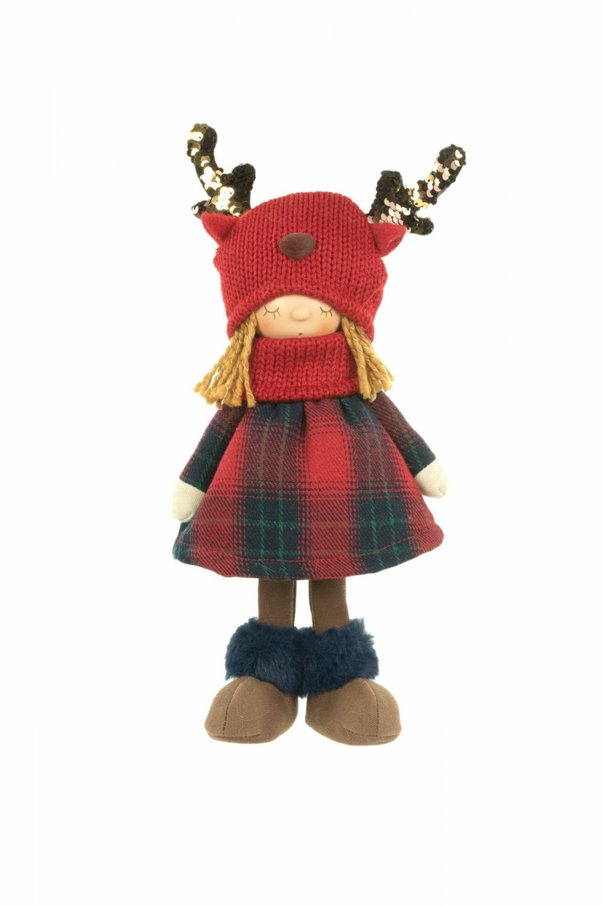 13" Red and Green Polyester Girl Doll with Plaid Skirt and Reindeer Beanie