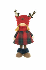 13" Red and Green Polyester Girl Doll with Plaid Skirt and Reindeer Beanie