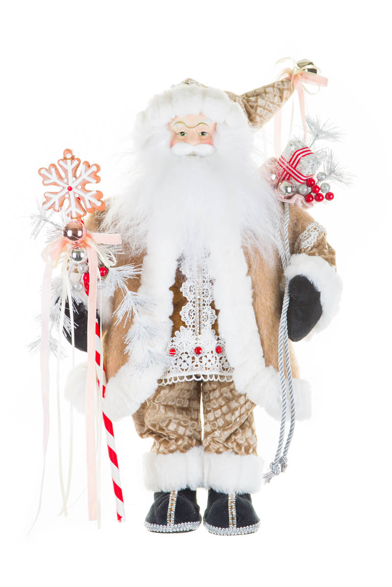 19" Rhinestoned Cream and White Fabric Gingerbread Santa Figurine with Presents
