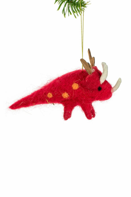 6" Hanging Red Wool Dinosaur Ornament with Horns