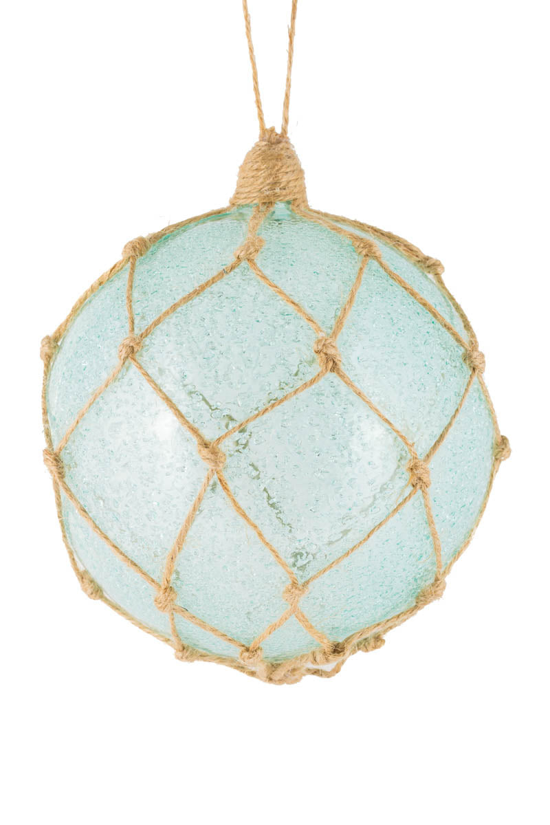 5.25" Hand-Tied Hanging Cyan Glass Fishing Float Ornament