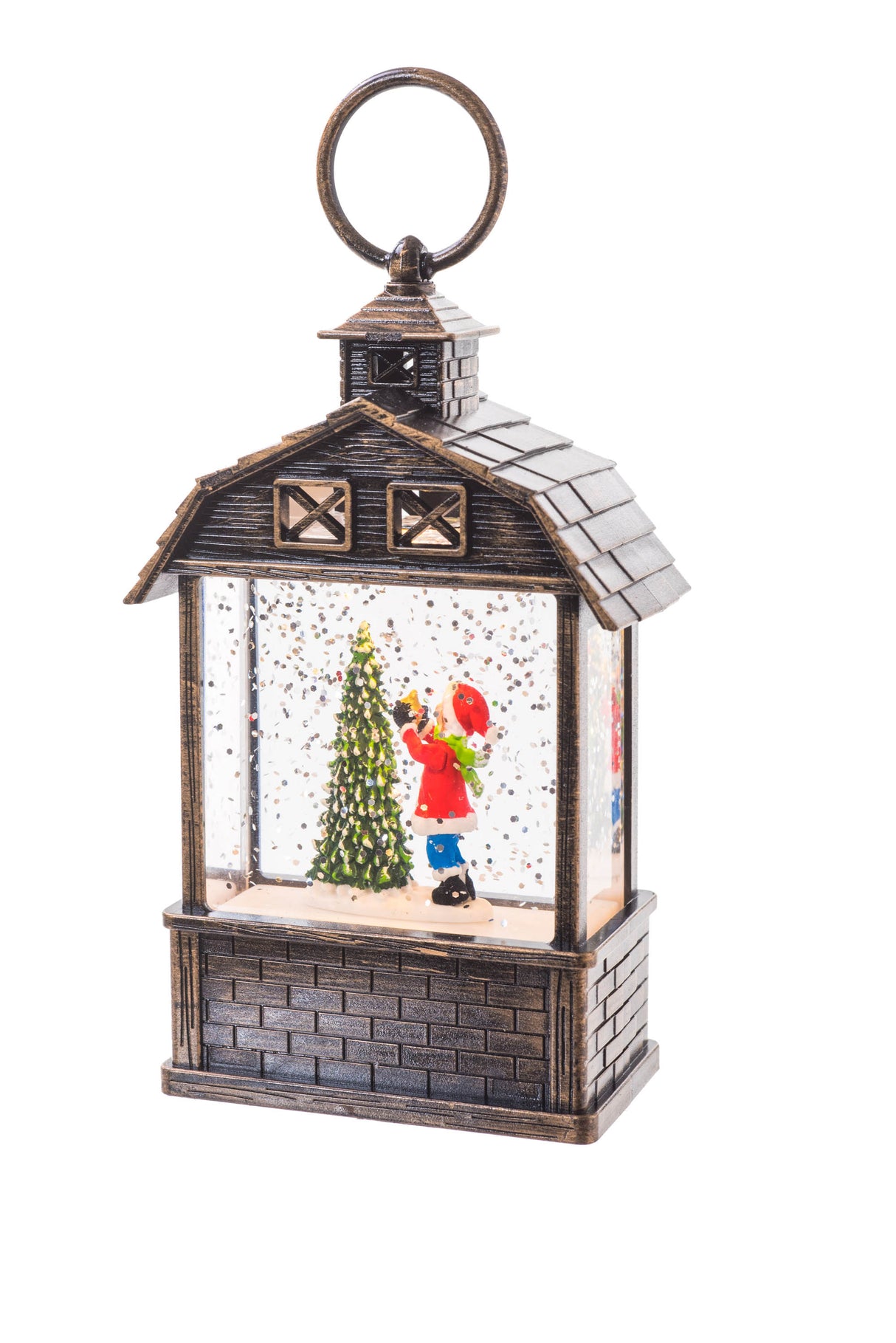 5.5" Mini Brown Plastic Barn-Style LED Snow Globe with Lads Playing