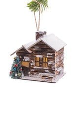4" Hanging Brown and White Wooden Cabin Illuminated Ornament