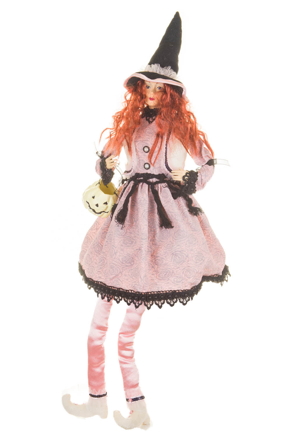 26" Sitting Baby Pink and Black Cloth Captivating Witch Figure with White Pumpkin