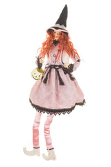 26" Sitting Baby Pink and Black Cloth Captivating Witch Figure with White Pumpkin