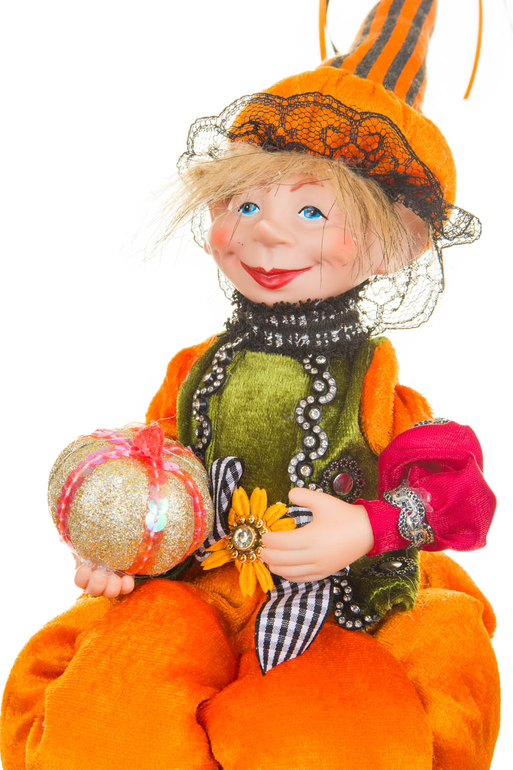 15" Orange and Green Cloth Elf Girl Doll with Pumpkin Hat