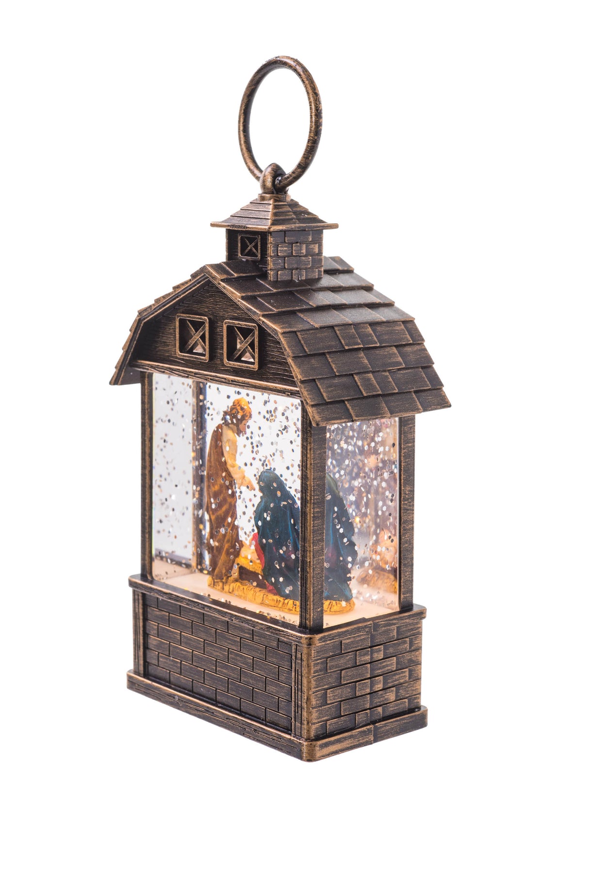 5.5" Mini Brown Plastic Barn-Style LED Snow Globe with Nativity