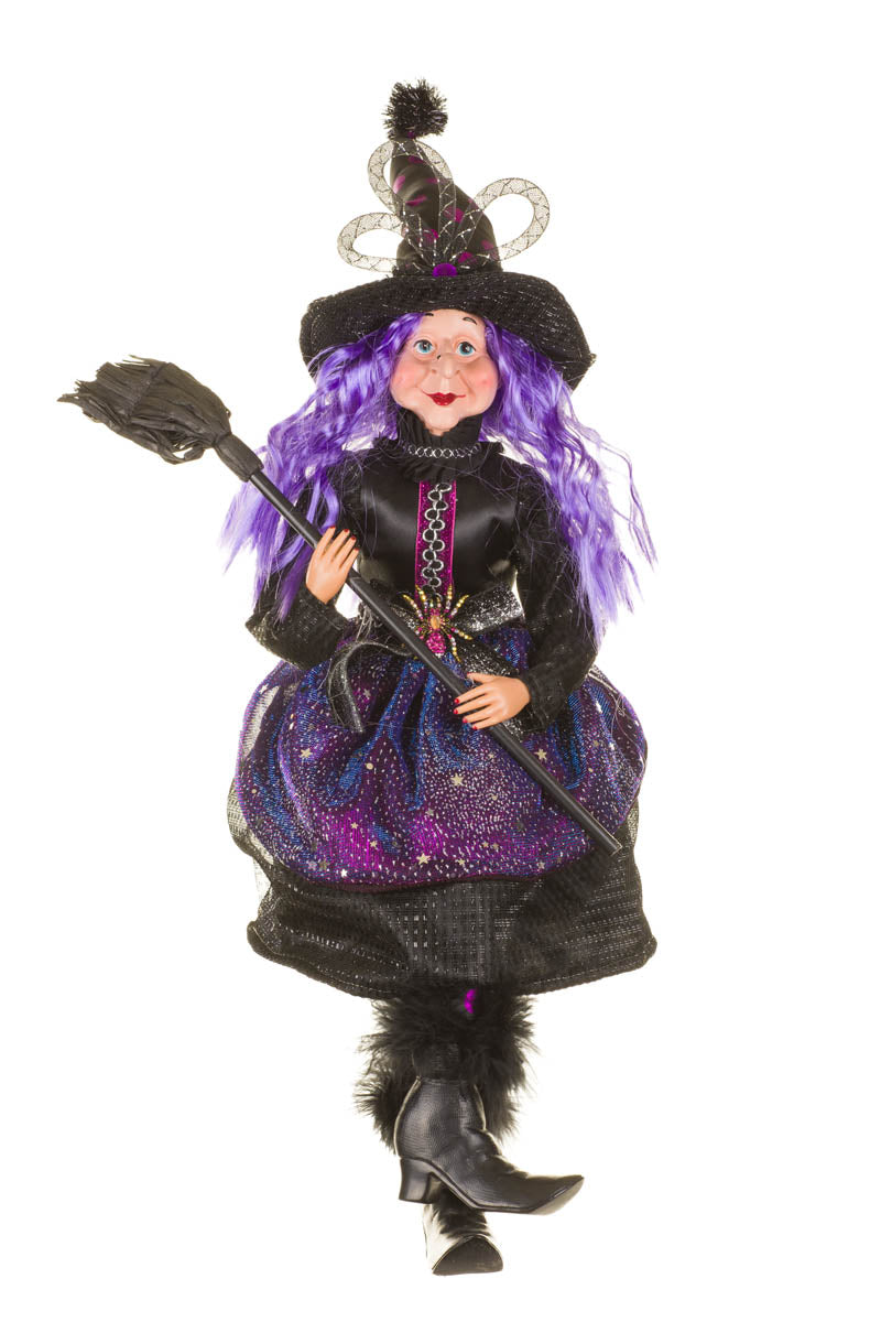 26" Sitting Sparkly Purple and Black Fabric Witch Figurine with Broomstick