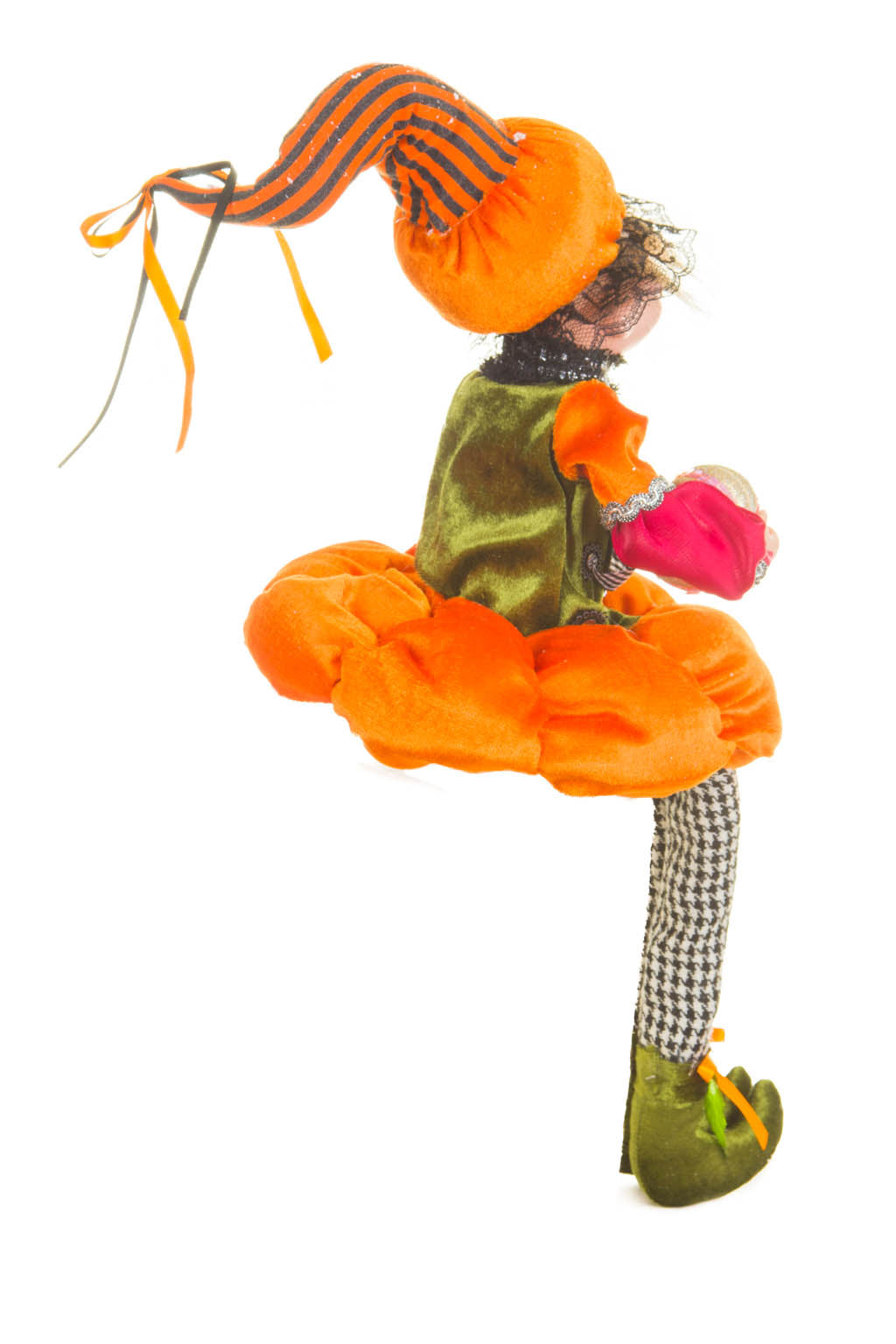 26" Sitting Velveteen Orange and Green Cotton Impish Elf Doll with Pumpkin Suit