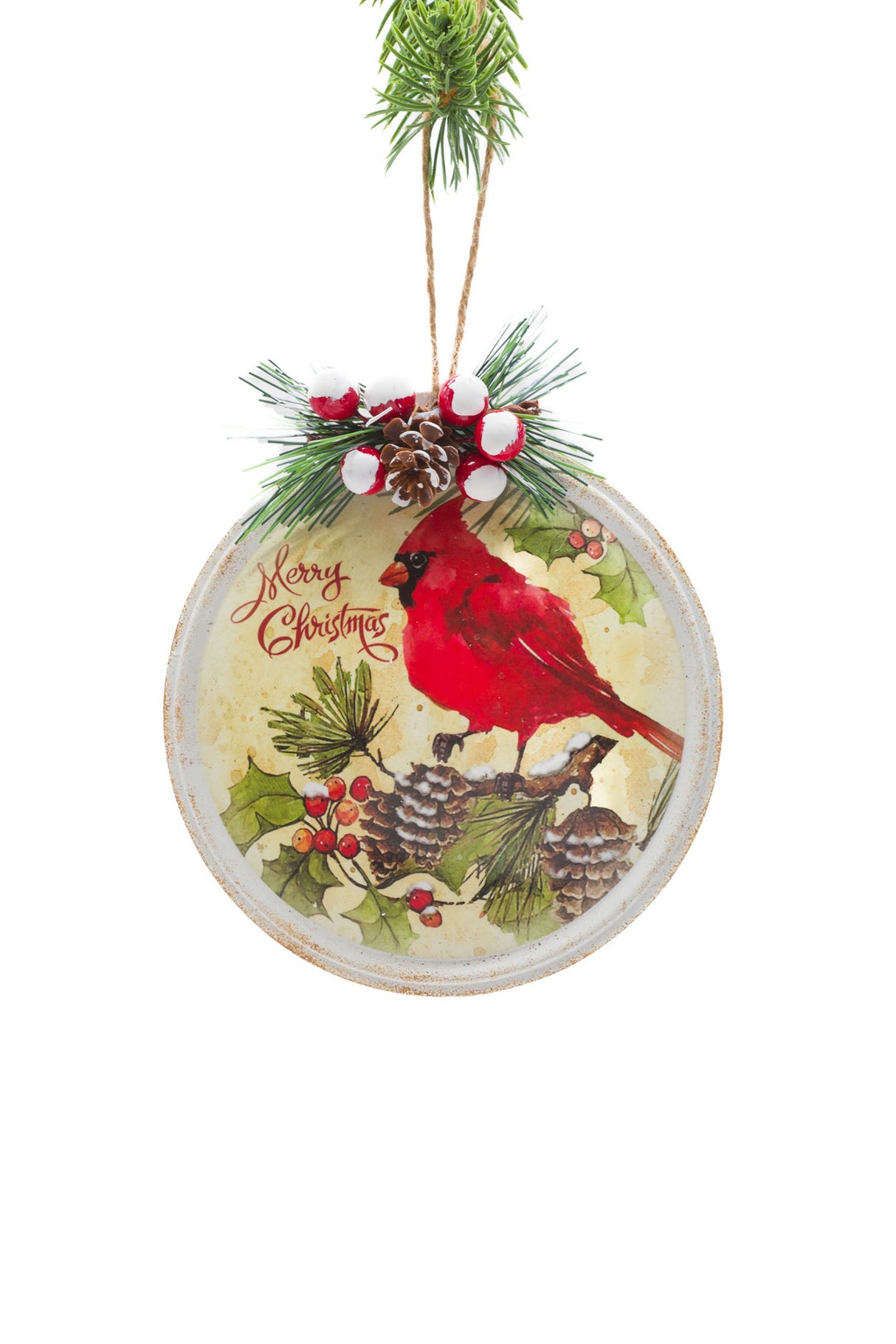 5" Hanging Yellow Tin "Merry Christmas" Ornament with Cardinal Print