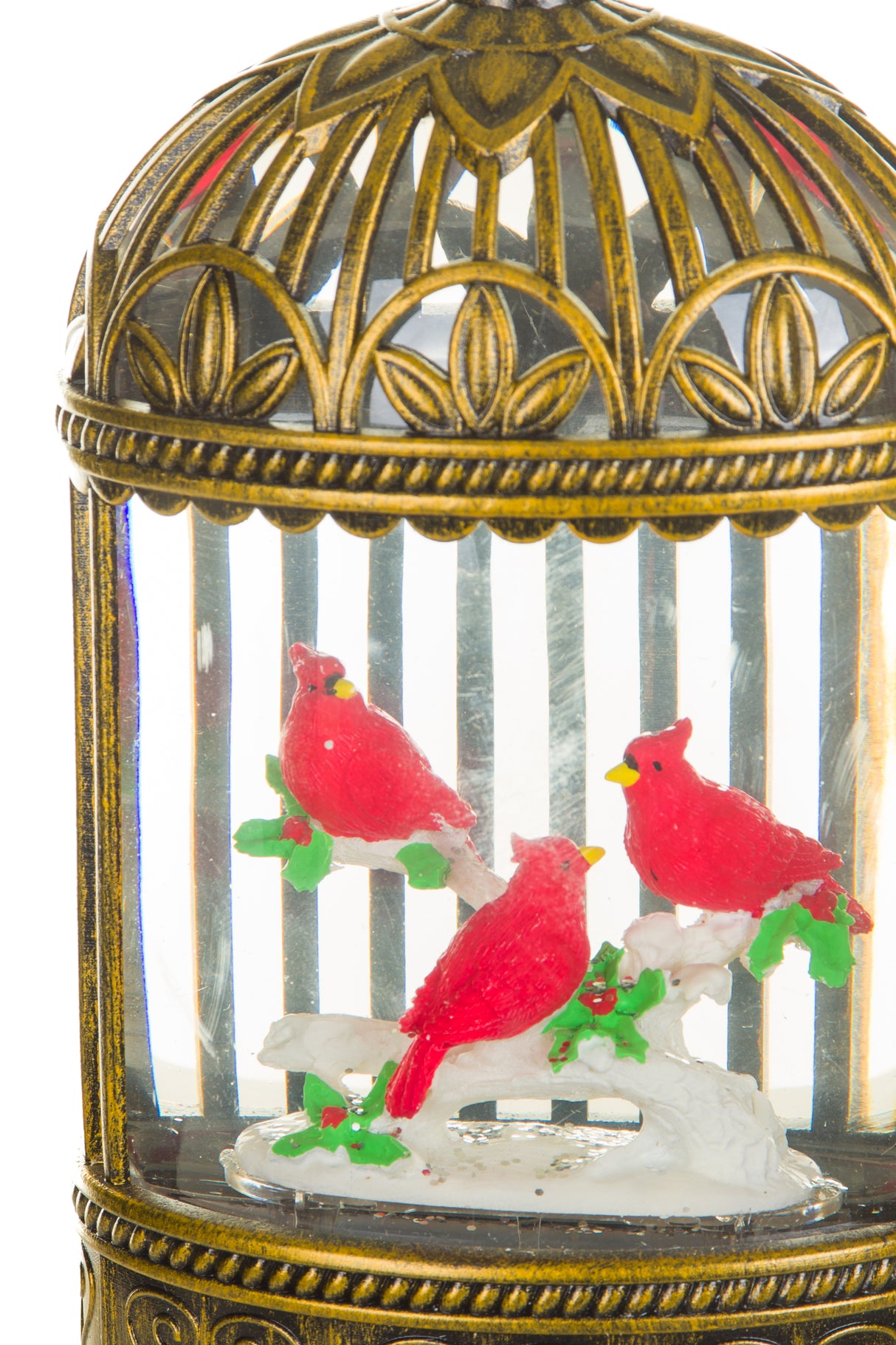 9.25" Gold Plastic Birdcage Warm White LED Snow Globe with Cardinals
