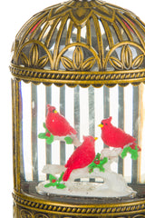 9.25" Gold Plastic Birdcage Warm White LED Snow Globe with Cardinals