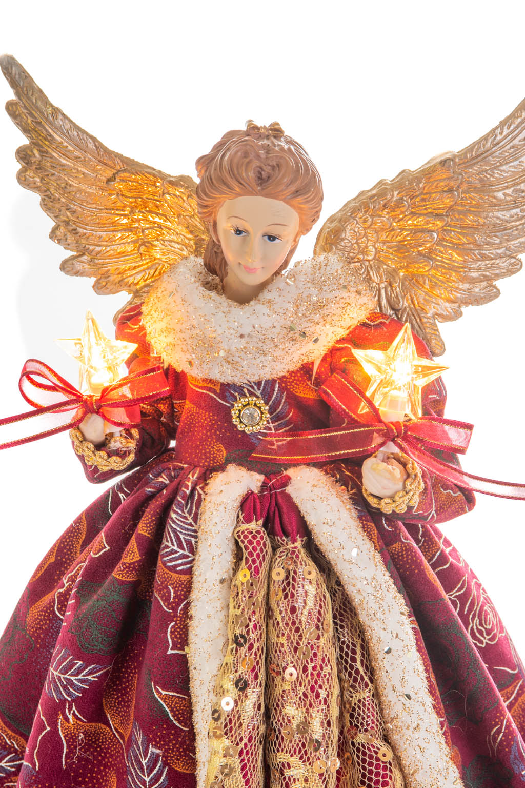 15" Floral Burgundy and Gold Cotton Monarchical Warm White LED Angel Tree Topper