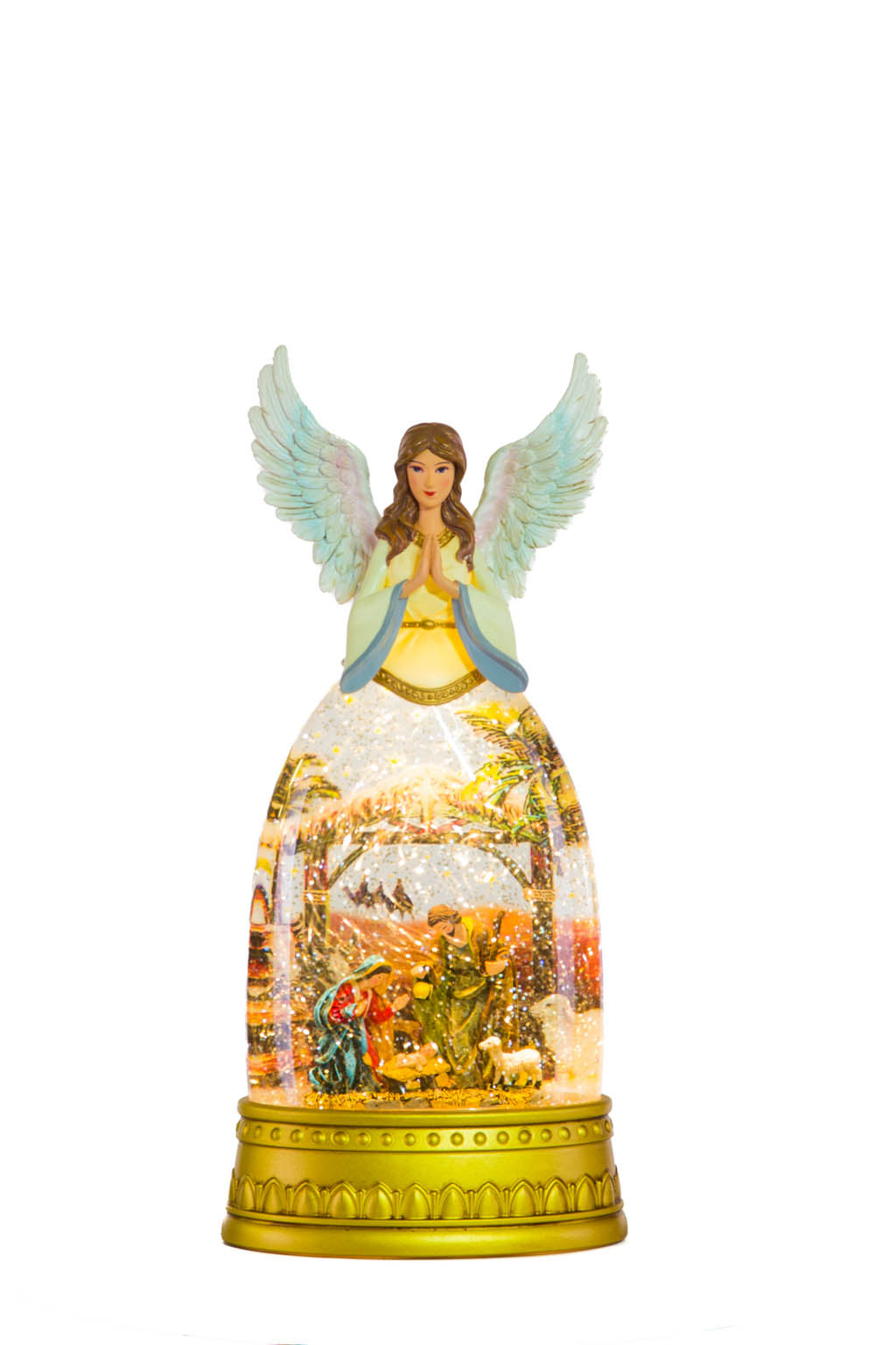12.72" Gold and White Plastic Angel Warm White LED Snow Globe with Nativity
