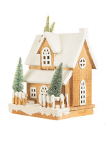 12" White and Light Brown Wood Snowy Cabin Warm White LED Display