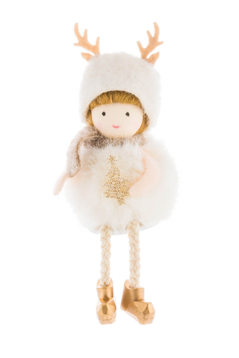 6" Hangable Off-White Fabric Sitting Fluffy Girl Doll with Reindeer Hat
