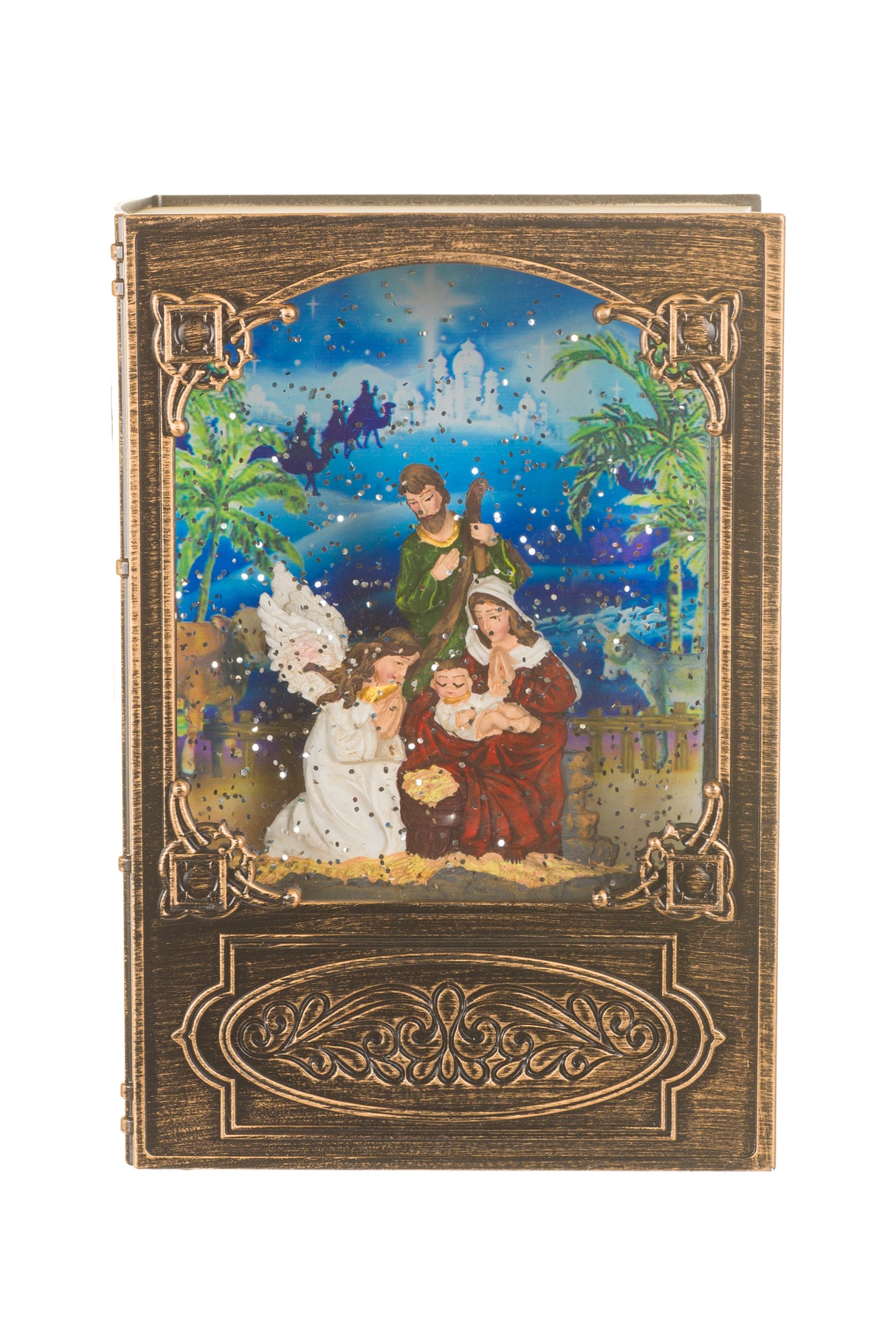 7.5" Musical Brass Glass Bookend LED Snow Globe with Nativity