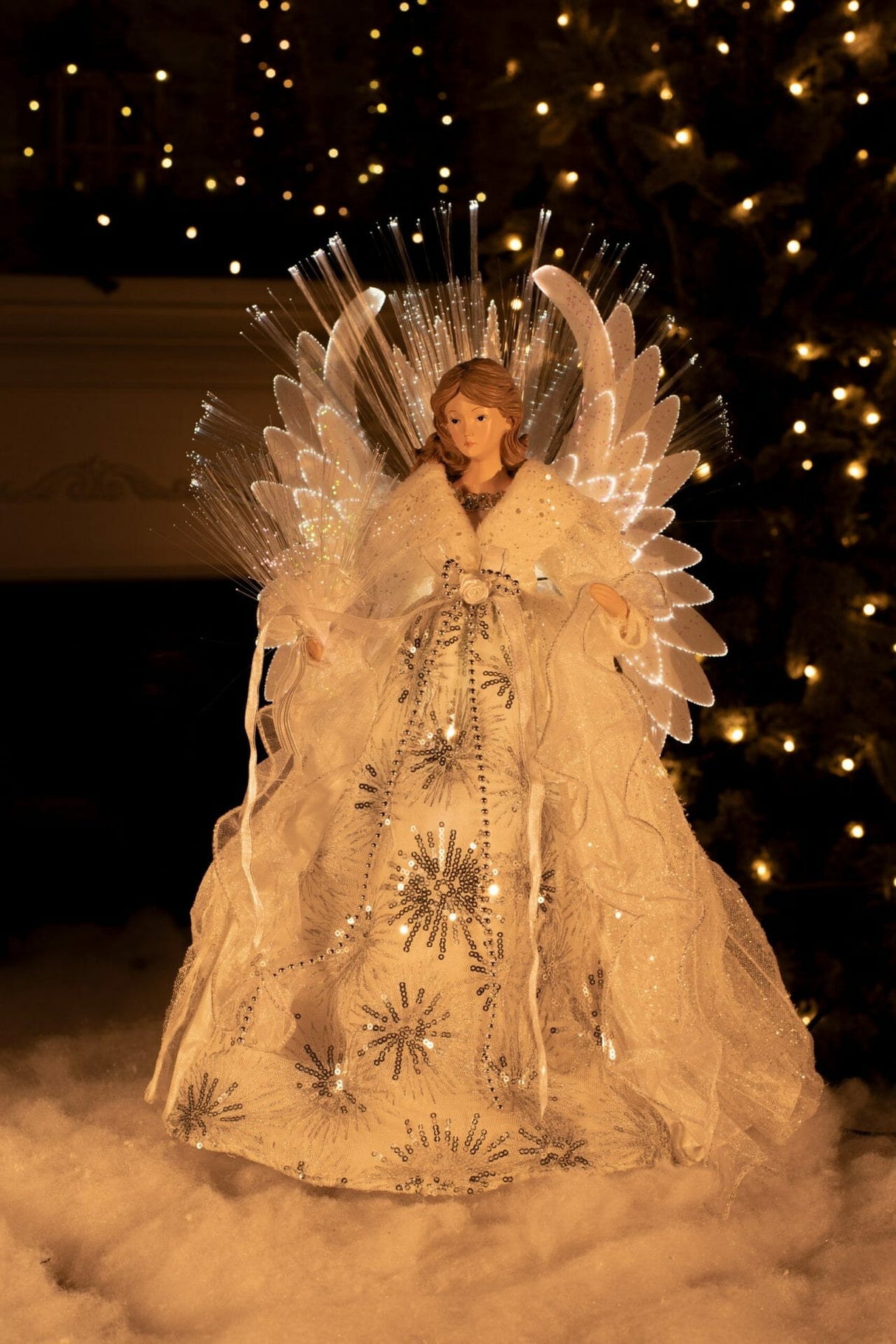 18" White and Silver Cloth Large Modern Fiber Optic Angel Tree Topper