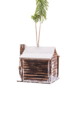 4" Hanging Brown and White Wooden Cabin Illuminated Ornament with Christmas Tree