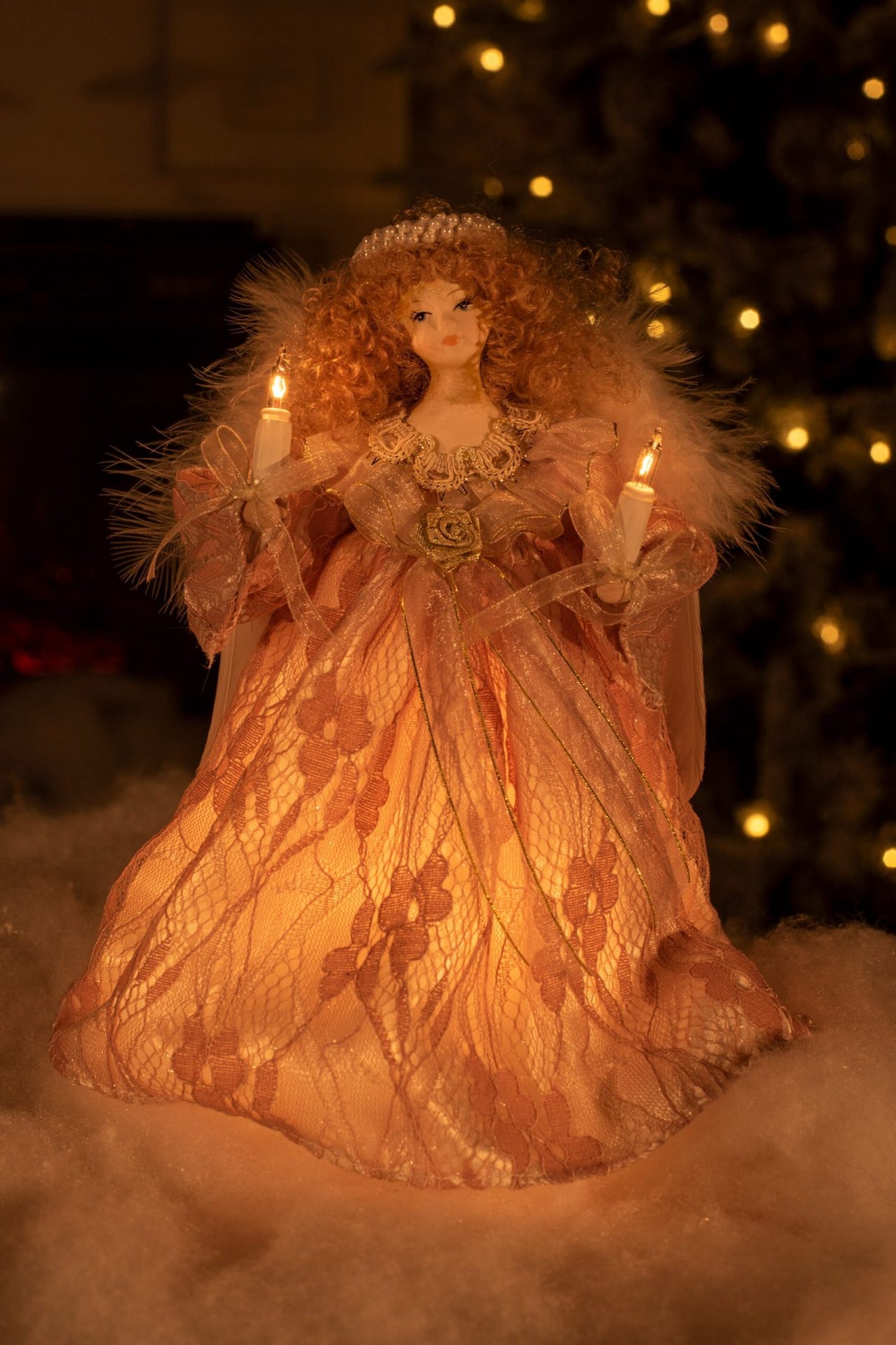 9" Pink Linen Small 10-Light Angel Tree Topper with Blonde Curly Hair