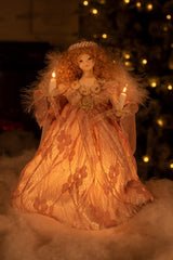 9" Pink Linen Small 10-Light Angel Tree Topper with Blonde Curly Hair
