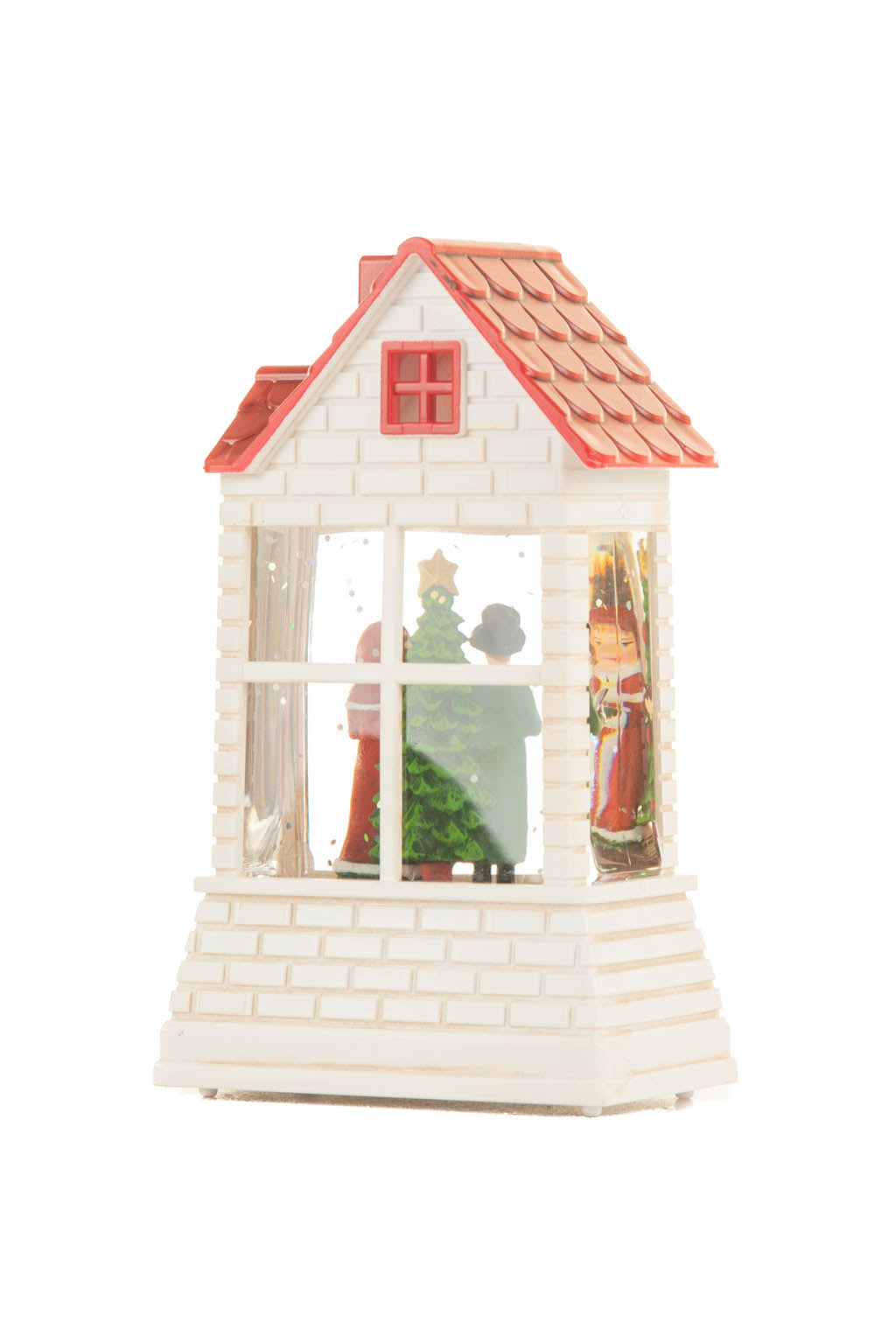 12.5" Mini White and Red Plastic Brick House Warm White LED Snow Globe with Carolers