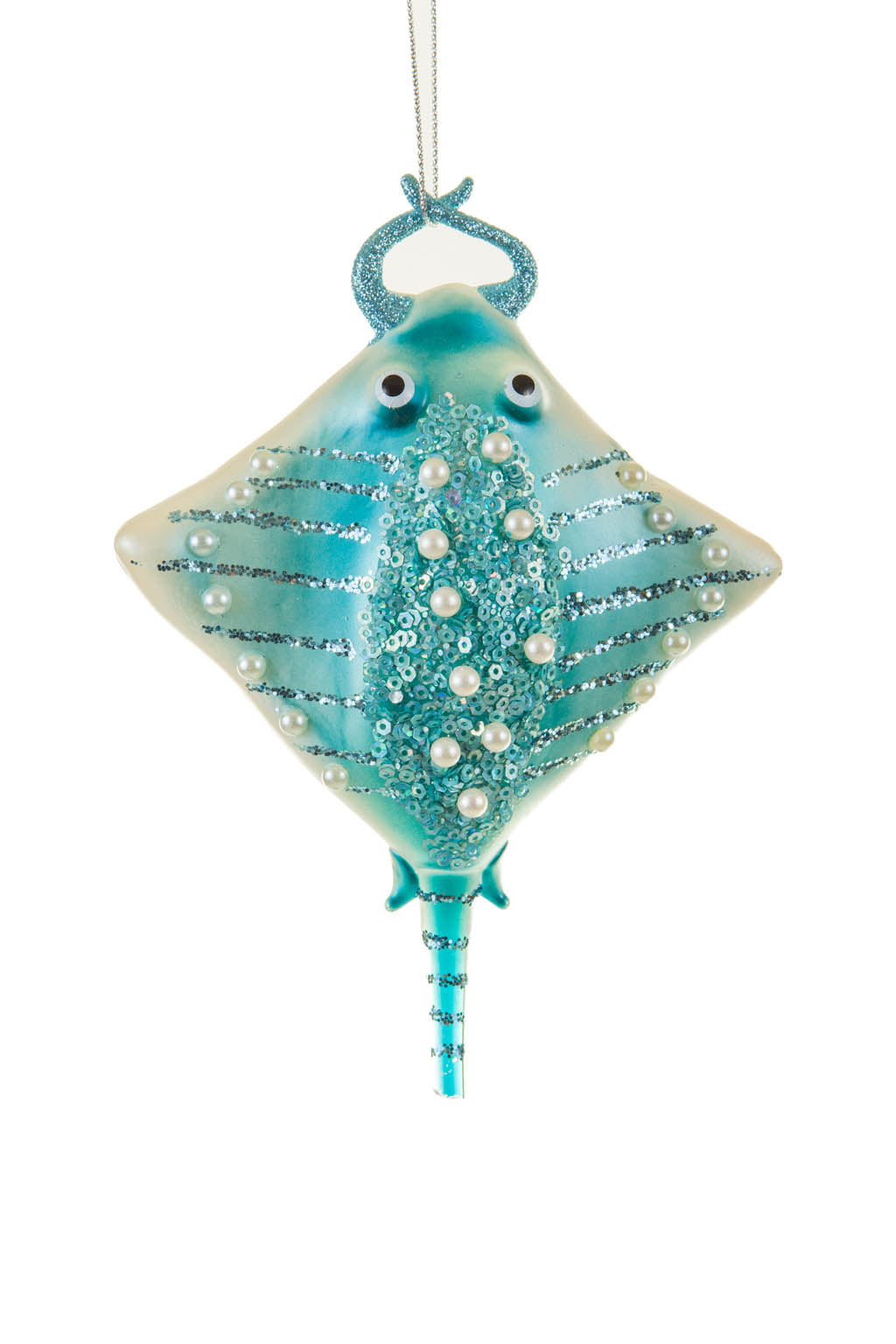 6" Hanging Sequin Blue and White Glass Stingray Ornament with Pearls and Sequins