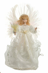 14" Ivory Cloth Modern Fiber Optic Angel Tree Topper with Blonde Curly Hair