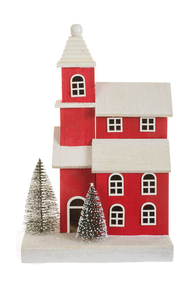 12.25" Frosted Red and White Wooden Home LED Display with Pine Trees